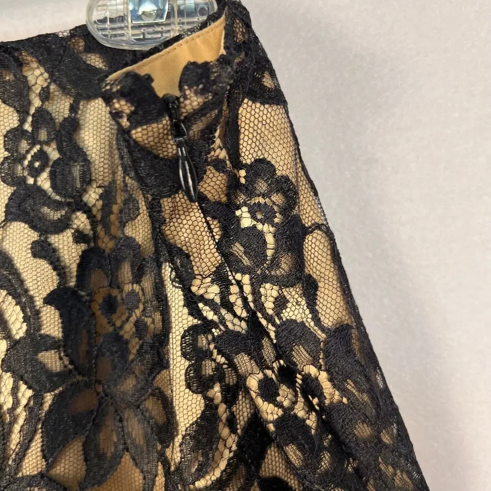 Vintage J Peterman Black Floral Lace Pencil Skirt Silk Lined Scalloped Hem Sz 14